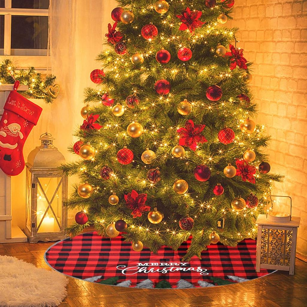 Juegoal 48 Inch Christmas Tree Skirt, Soft Red and Black Plaid Christmas Tree Mat for Xmas Party Decoration, Christmas Tree Holiday Decor