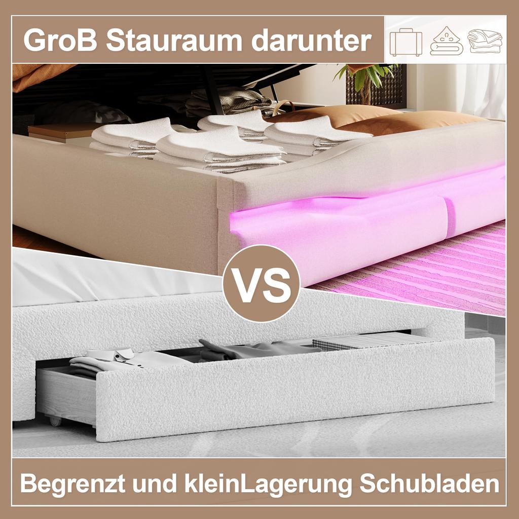 Upholstered Bed 140x200 Hydraulic Storage LED Headboard USB-A&USB-C Charging Function Remote Control Slatted Frame Beige Without Mattress