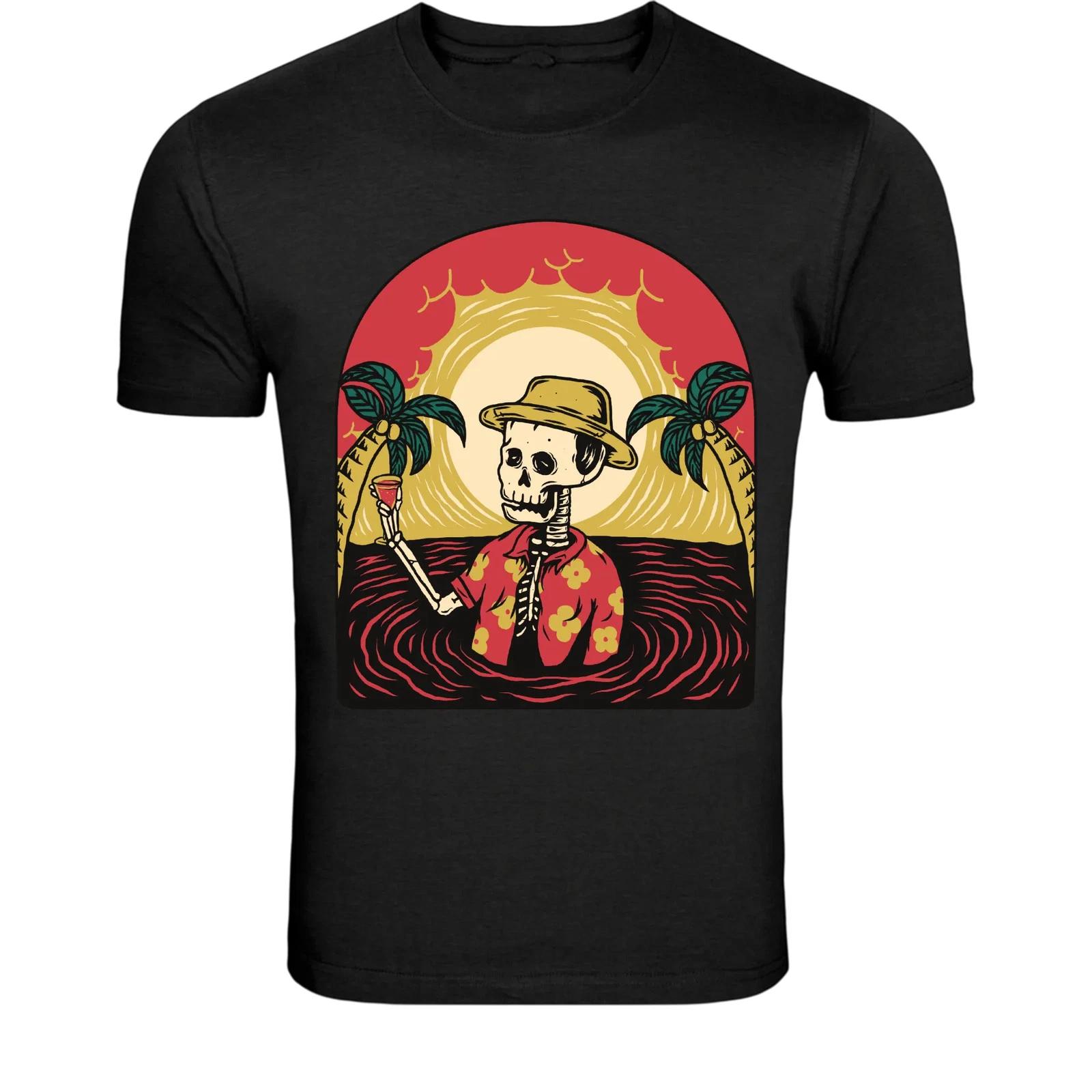 Tropical Skeleton Cocktail Sunset T-Shirt - Funny Beach Vacation M