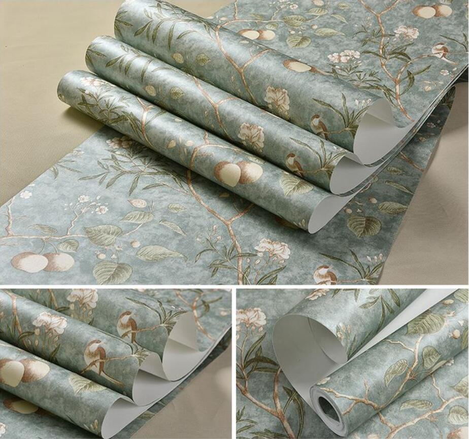papel de parede 3d American retro apple tree flowers bird wallpaper for walls 3 d wall-paper green wall paper living room