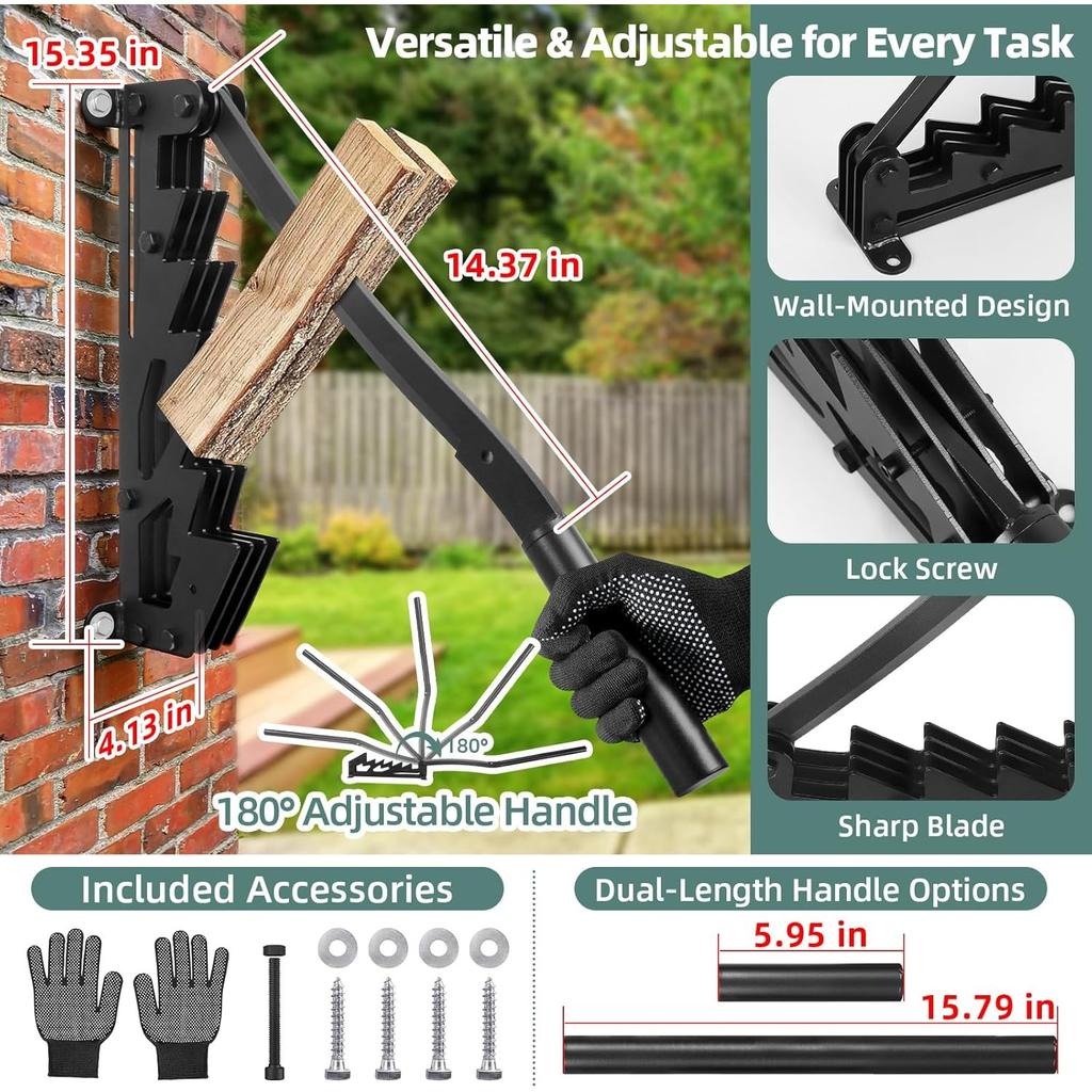 Wall Mounted Wood Splitter: Dual-Handle Manual Kindling Splitter with 6-Tooth Clamping, Heavy Duty Steel Log Splitter for Soft Firewood