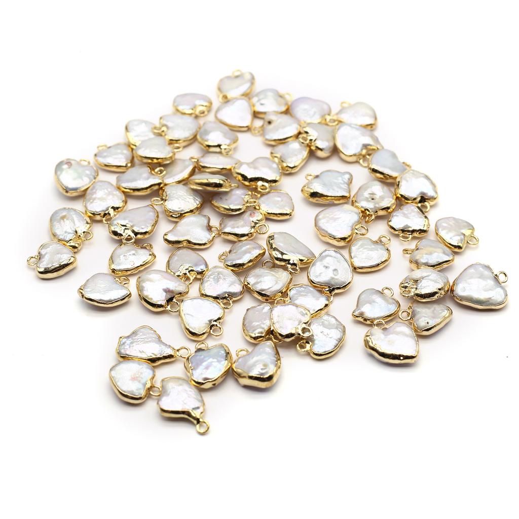 1Pc Mini White Artificial Pearl Baroque Heart Pendant, Elegant Golden Wrapped Edge Charms for DIY Women Necklace Keychain Hanging Decor Accessories