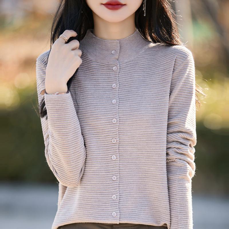 Women's Spring Fine Wool Cardigan - Half-High Collar, Solid Color, Loose, Slimming Sweater Coat