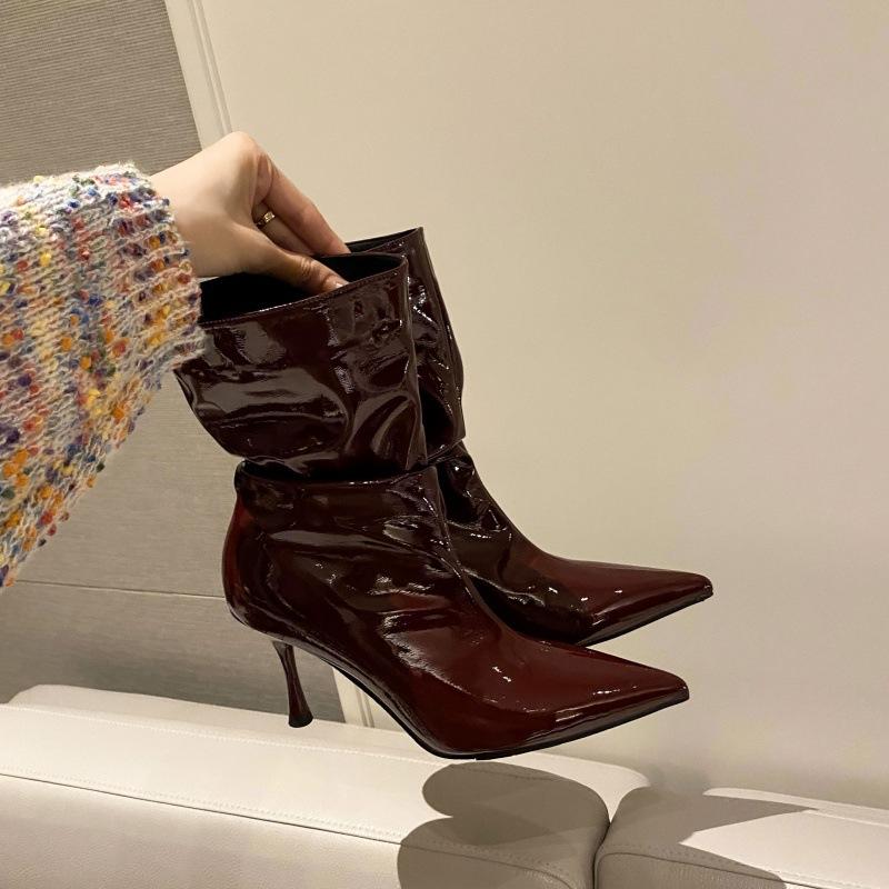 Temperament Lackleder High-Heel Stiefeletten Damen 2025 Herbst und Winter Neu Spitz Mode Vielseitig Mittelhohe Stiefel Schwarz Stacking Stiefel