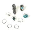 Retro Cactus Turquoise Ring Set 9pcs Faion Jewelry Accories Alloy Embedded Artificial Gemstone New Condition