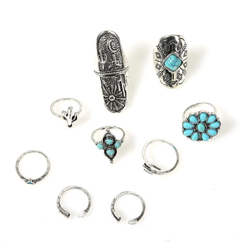 Retro Cactus Turquoise Ring Set 9pcs Faion Jewelry Accories Alloy Embedded Artificial Gemstone New Condition