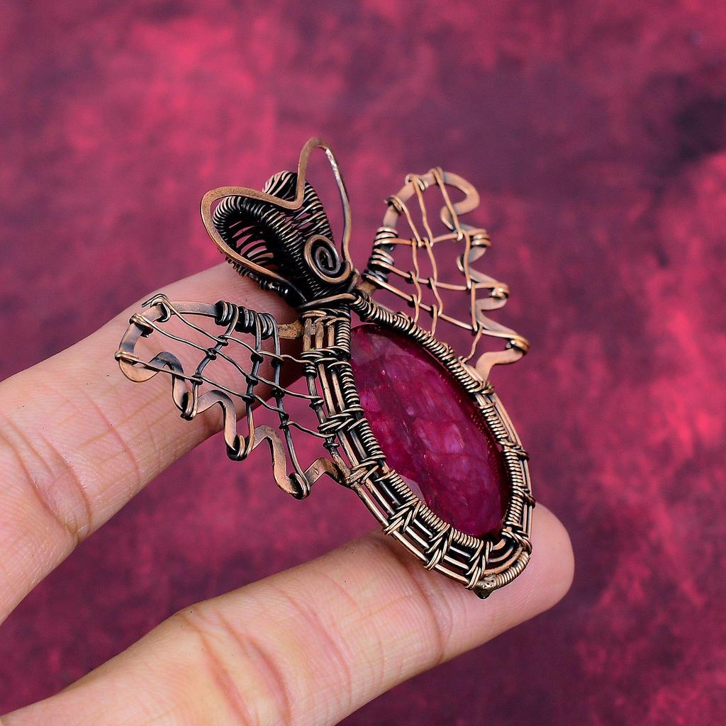 Faceted Kashmir Ruby Pendant Butterfly Design Pendant Copper Wire Wrapped Jewelry