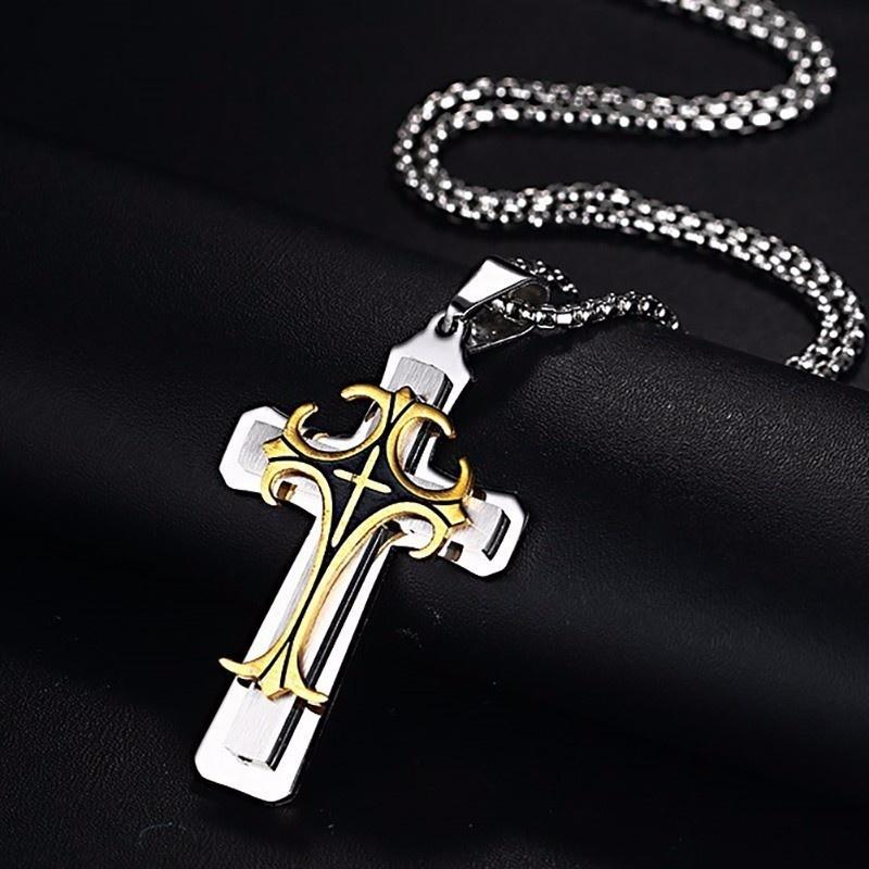 Stylish Men s Cross Necklaces, Waterproof Stainless Steel Catholicism Cross Pendant Collar, Prayer Religious Faith Jewelry