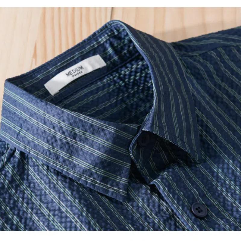 Summer Tops for Men Japan Retro Style Stripes Man Shirts Pocket Half Sleeve Butto Bubble Casual Shirt