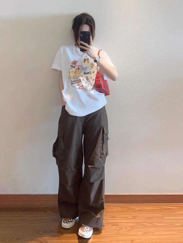 Amerikanischer Cartoon-Print Übergröße Damen Sommer Kurzarm Locker Lässiges T-Shirt