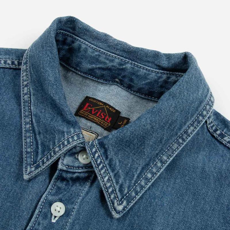 Evisu Patchwork Logo Printed Floral Short Sleeve Shirt Men shirts Denim-Blue 2ESHTM3SS118LFDN
