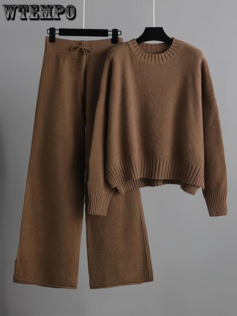 Women's Solid Color Knit Pant Set: Long Sleeve Crew Neck Sweater & Wide Leg Pants