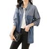 Denim Spliced Polo-Neck Casual Blouse Women Korean Commute Striped Single-breasted Loose Shirt Long Sleeve Female Clothing