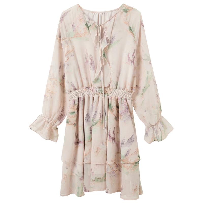 Sancai 2026 Autumn Ruffled V-neck Printed Chiffon Long Sleeve Dress