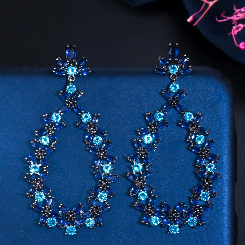 WWJ Black Golden Color Sparkly Sapphire CZ Zircon Cluster Flower Drop Earrings