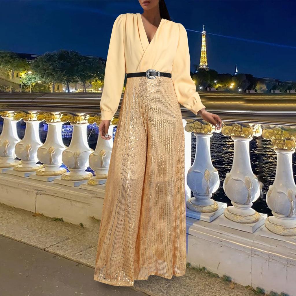 Blouse Fashion pour Femme à Col en V et Manches Longues Élégante et Gracieuse Taille Cintrée pour une Silhouette Flatteuse Combinaison à Jambes Larges Ornée de Sequins