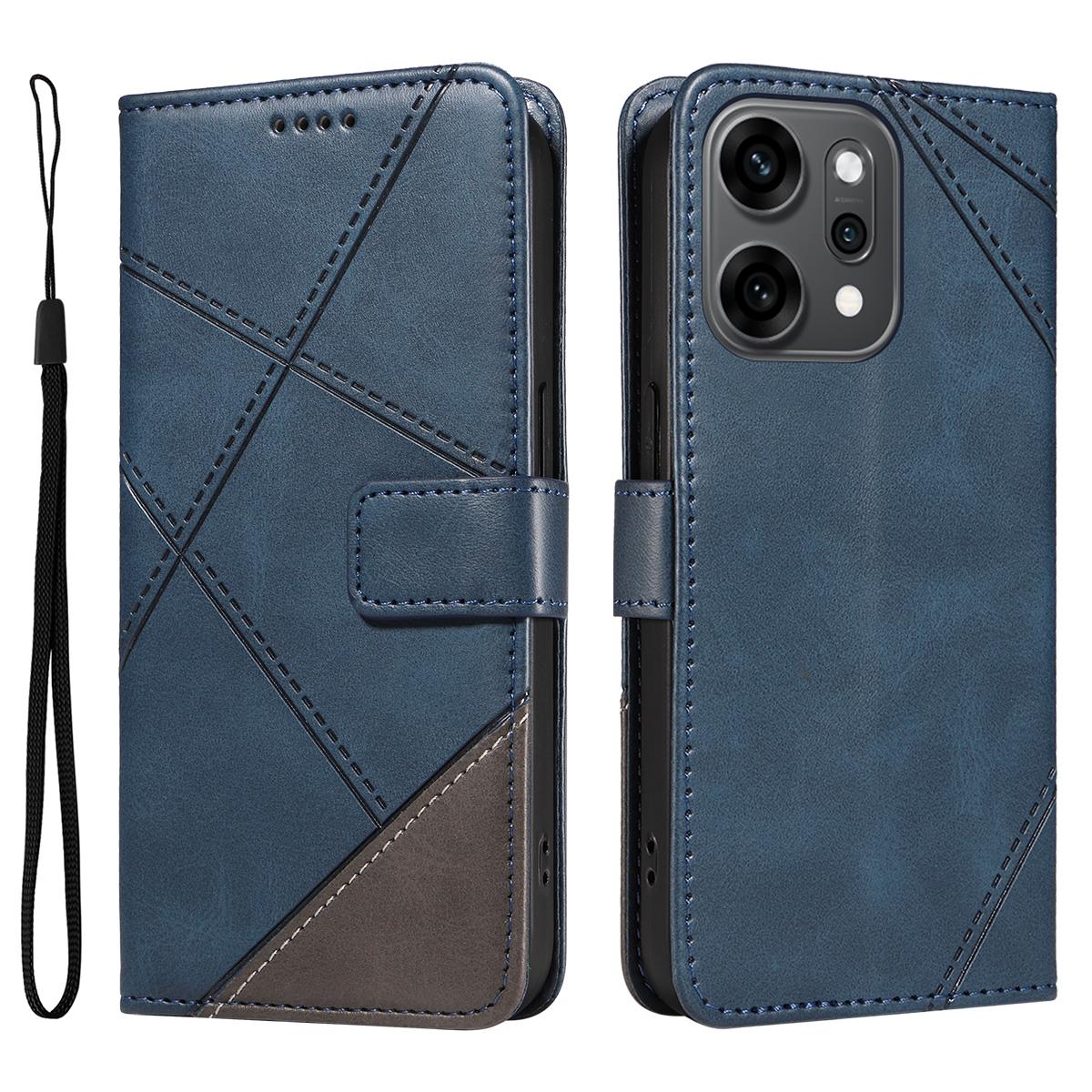 

For Oppo Reno14 Pro 5G (China)/Oppo Reno14 Pro 5G (Global) Leather Case Geometric Line Design Wallet Phone Cover with Wrist Strap Blue