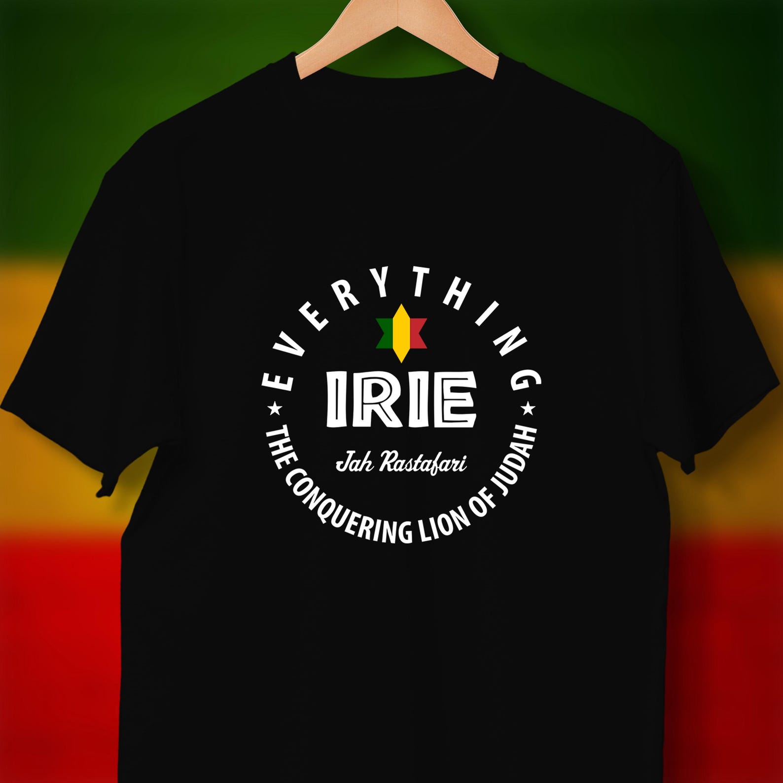 Everything Irie Rasta Reggae Shirt, Jah Rastafari Conquering Lion of Judah Tee, Reggae Music T-Shirt, Jamaican Culture Star Graphic Top XL