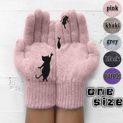 Damen Wollhandschuhe und Winter Outdoor Warme Katzen Druckhandschuhe