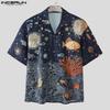 INCERUN Oversized Men Lapel Neck Short Sleeve Print Casual Shirts