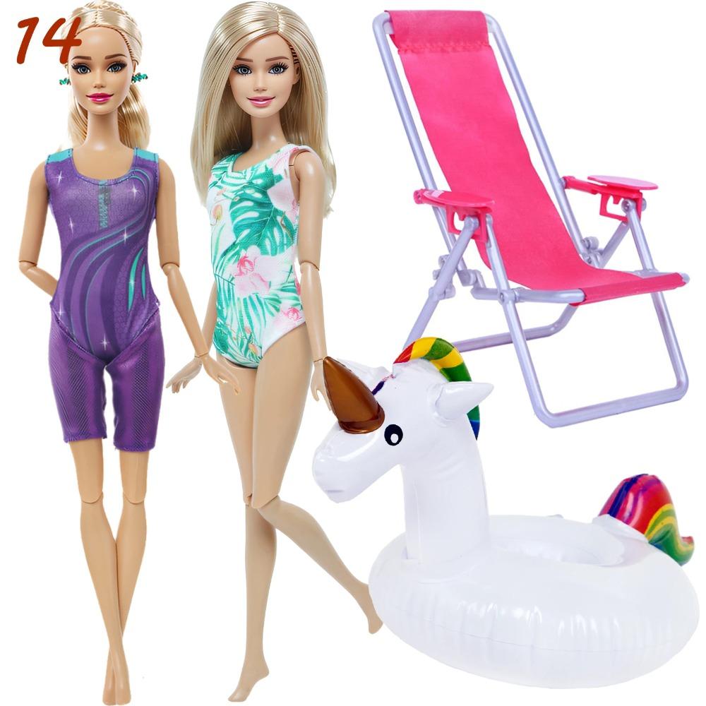 4 Przedmioty Akcesoria do Kostiumów Kąpielowych dla Lalki 2x Kostium Kąpielowy Bikini 1x Leżak Plażowy 1x Nadmuchiwany Koło do Pływania 30CM Ubranka dla Lalki 11,8 Calowa Zabawka Lalka