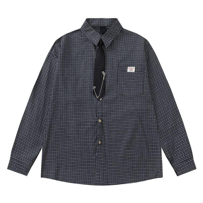 51 Hip-Hop Trendy Brand College Style Tie Plaid Shirt for Men and Women American Style Color-Blocking Vintage Versatile Couple Long-Sleeve Shirt