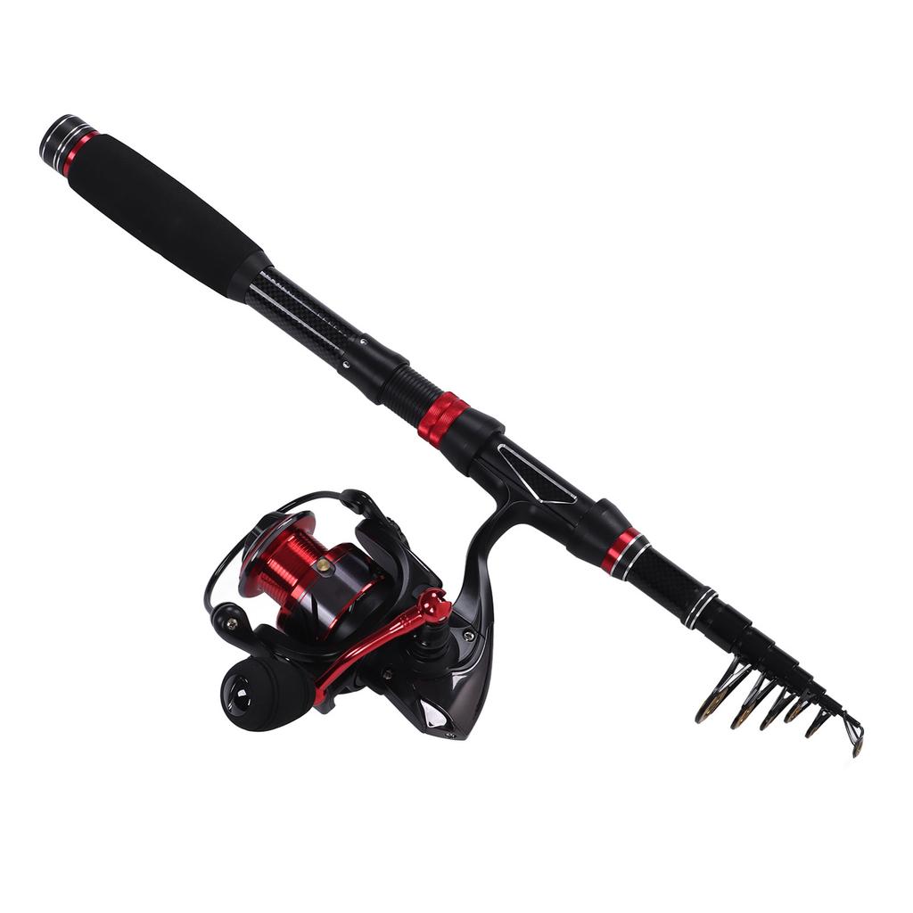 Fishing Rod Set Black Red Carbon Telescopic Fishing Rod GA3000 Spinning Reel with Line Bait Hooks for Saltwater