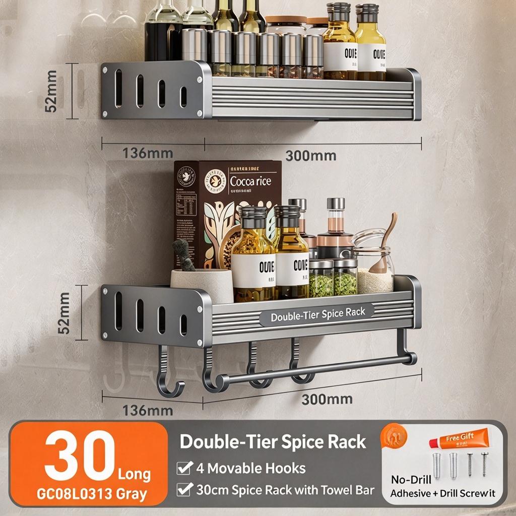 Kitchen Storage Rack Wall Mounted Knife Holder & Spice Organizer Multi-functional Seasoning Storage Shelf for Home No Drilling