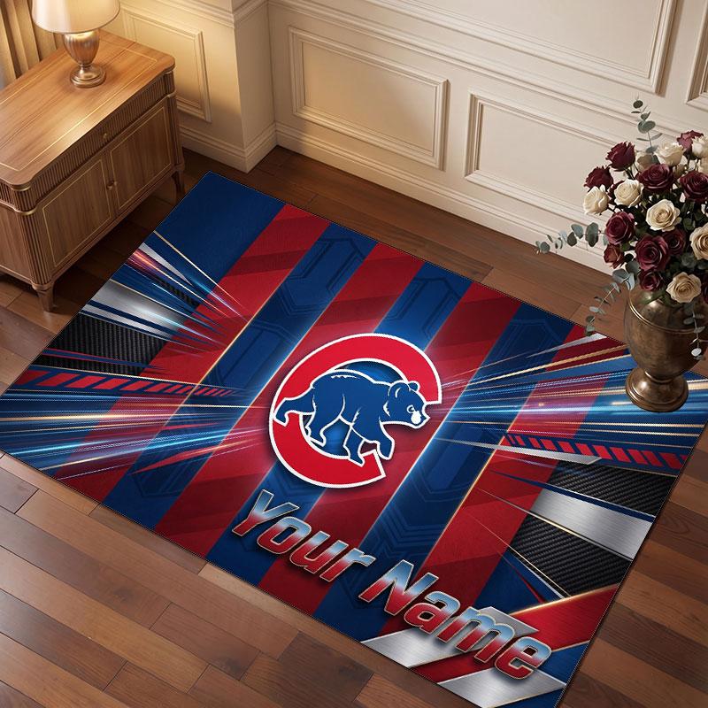 Chicago Cubs Personalized Crystal Velvet Carpet, Customized Name Text Soft Anti‑Slip Rug for Living Room Bedroom