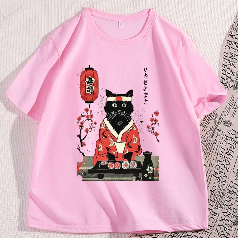 Japanese Sushi Cat Kitten Tshirt Men Women Manga Top Tee Retro Short Sleeve Oneck Cotton Tees Cat Printed Man Clothing Y2k