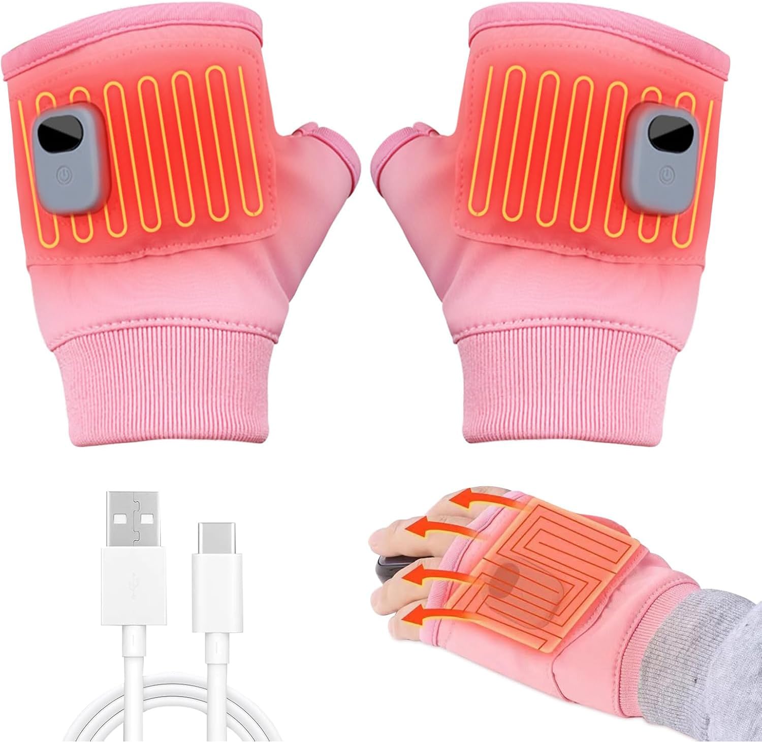 

SEEYA Waterproof Electric Heated 3 Temperature 2000mAh USB Rapid Digital for Commuting and School Gloves, Settings, Rechargeable, Fingerless, 3-Second розовый