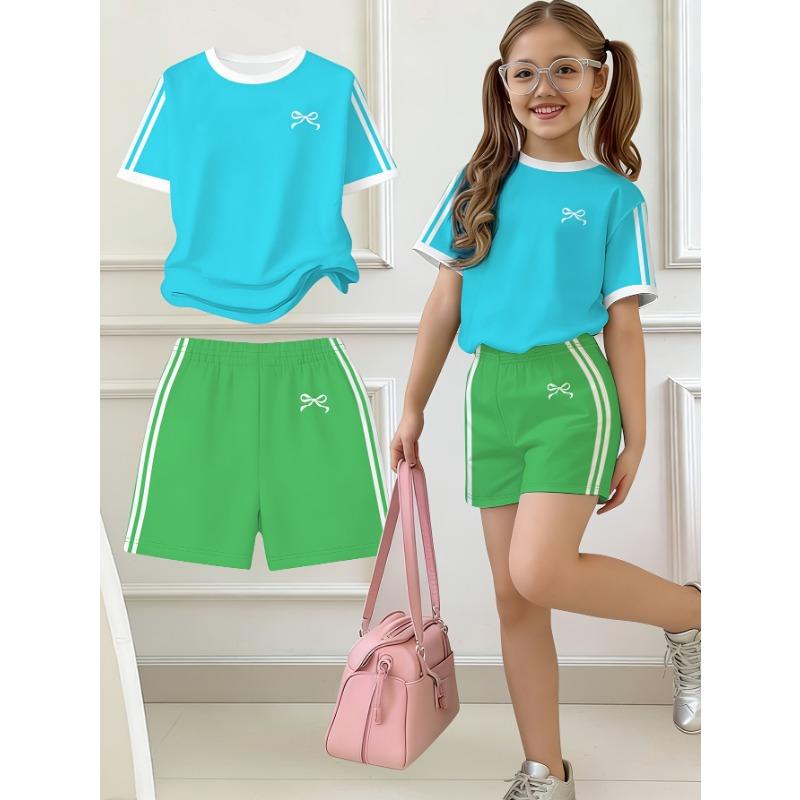 Kids Clothes Girls, 2pcs Set, Easy Bow Print Short Sleeve T-Shirt And Shorts Set, Suitable for Spring and Summer, Y2K Fashion