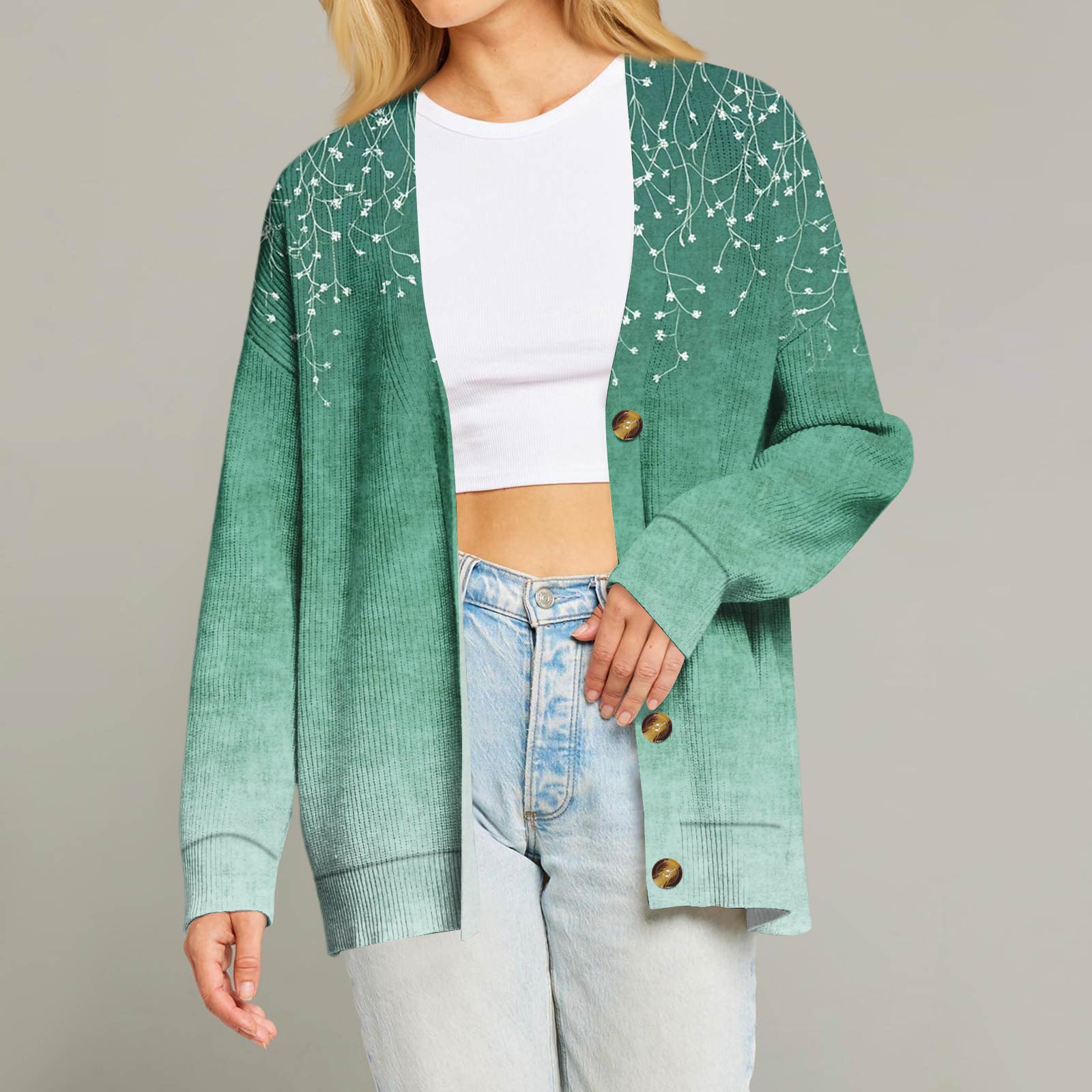 

Женский модный кардиган с длинным рукавом, принтом, V-образным вырезом, на пуговицах, свободного кроя XL зелёный