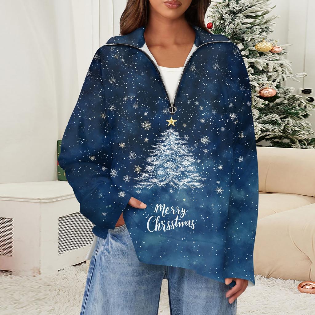 Women's Casual Half Zipper Lapel Snowflake Print Pullover Top Side Slit Fashion Clothing