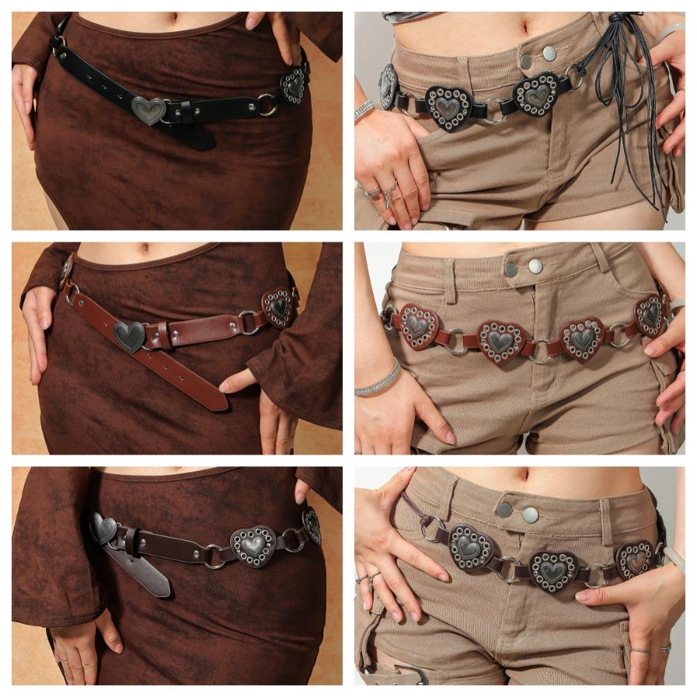 Vintage Cowboy Waistband PU Leather Heart Hollow Belt Simple Cowgirl Buckle Belt  Dress Decoration