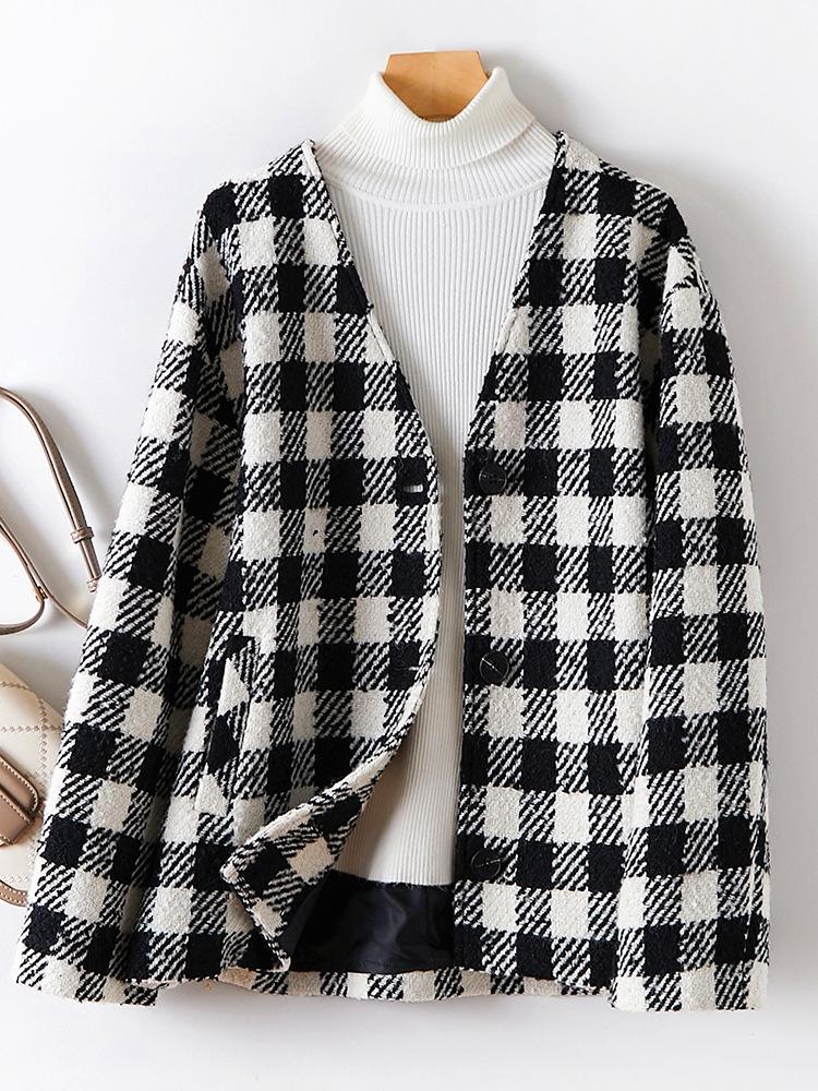 

Элегантное шерстяное пальто в черно-белую клетку: Женский V-образный вырез, свободный крой для осени/зимы 2025 S