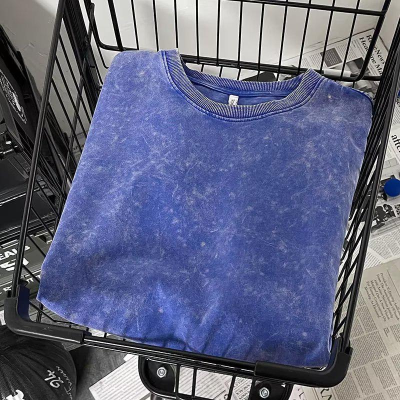 

Мужская футболка из плотного хлопка с потертостями, свободный крой в гонконгском стиле, короткие рукава-пять точек, модный летний бренд. 5XL синий