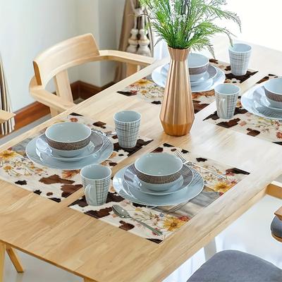 Set of 4/6 Floral Kitchen Table Decoration Farm Highland Cow Restaurant Decor 100% Linen Square Table Mats Hand Wash Adorable Cow Print Placemats