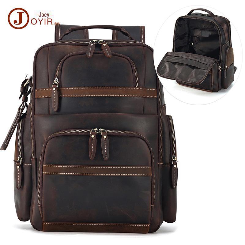 Men's Large Genuine Leather Crazy Horse Backpack - High-Capacity, Business Casual