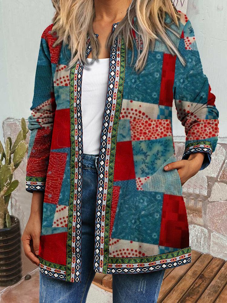 Women's Crew Neck Long Sleeve Cardigan Oversized Vintage Ethnic Print Plus Size Open Front Jacket Casual Outerwear
