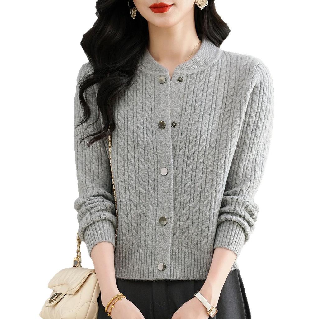 2025 Autumn/Winter Women's Thick Cable Knit Round Neck Cardigan Sweater Coat