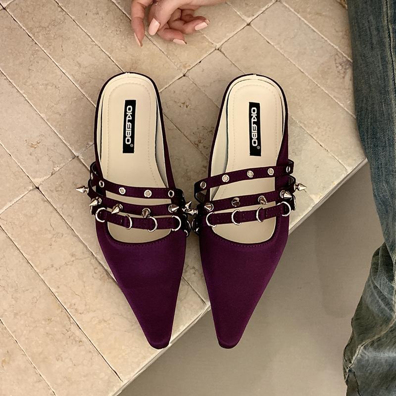 2026 Summer New Brand Women Slipper Fashion Rivet Pointed Toe Slip On Mules Shoes Soft Flat Heel Elegant Outdoor Dress