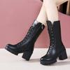 Elegant Heeled Lace-up Fleece-Lined Autumn Winter Half High Boots for Women Black Leather 2025 New Goth Y2k Mid Calf Shoes Woman