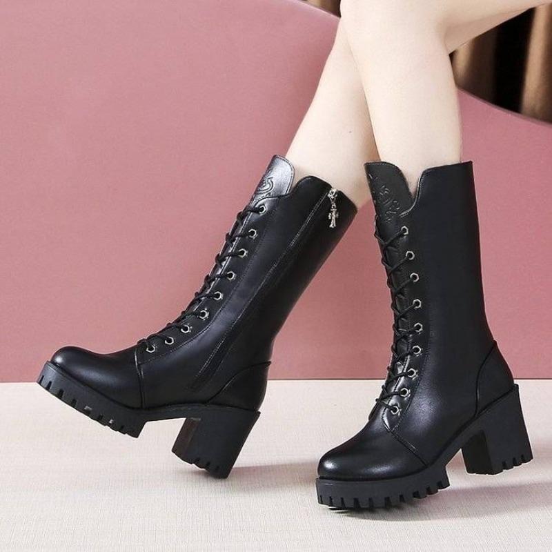 Elegant Heeled Lace-up Fleece-Lined Autumn Winter Half High Boots for Women Black Leather 2025 New Goth Y2k Mid Calf Shoes Woman