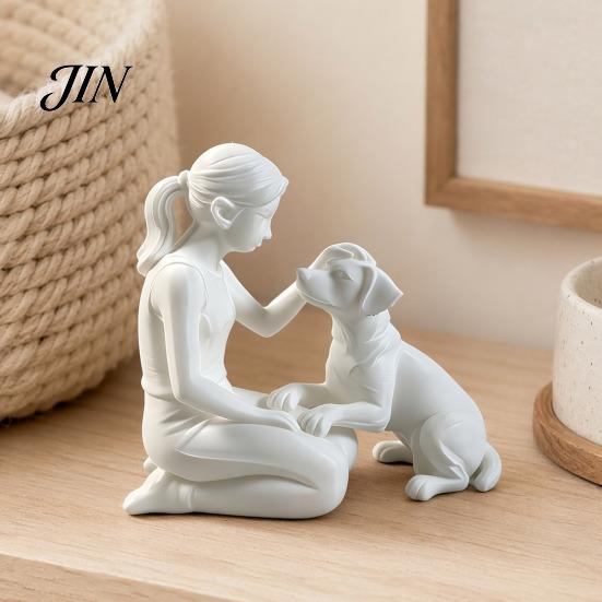 Jedinečná ručně vyráběná památka na mazlíčka 3D tištěná figurka dívky se psem, minimalistická dřepící socha pro domácí dekoraci, emoční dárek soustrasti, léčení