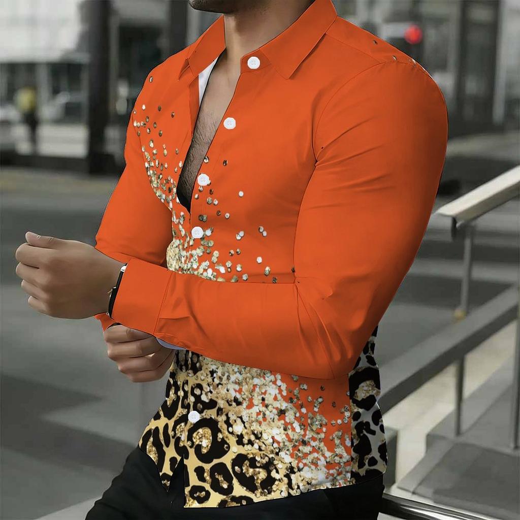 Men Collared Shirt White Base Pink Yellow Rose Leaf Floral Print Long Sleeve Button Down Top