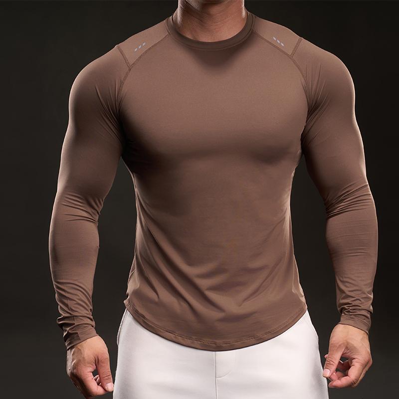 Slim and Muscular Style New Quick-drying Ice Silk Long-sleeved T-shirt Men's Casual Sports Elastic Fitness Outdoor T-shirt Top Men