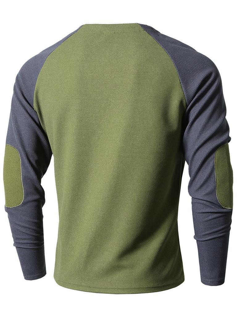 Men's Cross-Border Casual Raglan Sleeve Patchwork Round Neck Waffle Knit Sweatshirt for Spring/Autumn