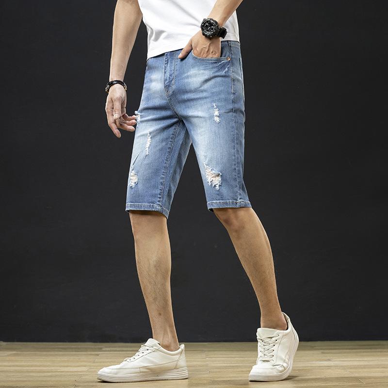 Summer Thin Men's Elastic Perforated Jeans Men's Korean Loose Straight Casual Split Pants Men's