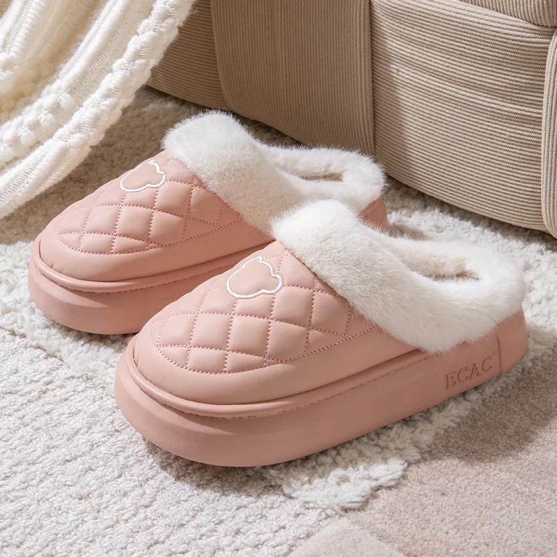 Fashion Women Fur Fuzzy Slippers Outdoor Waterproof Plush Lined Slides Indoor Antiskid Platform Cotton Shoes Fluffy House Slipper